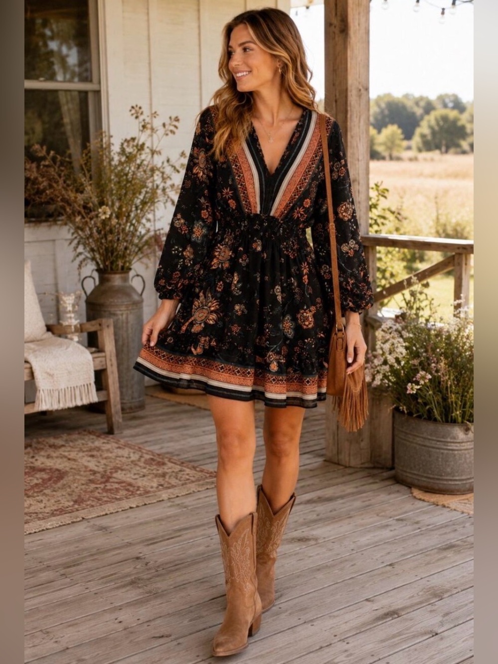 Love Stitch Black Floral Mini Dress with Rust and Teal Accents